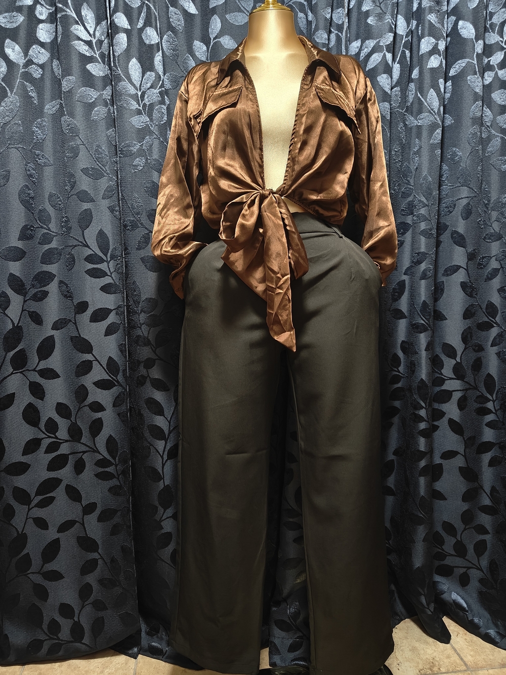 Silky Tie-Front Brown Blouse with High-Waist Black Wide-Leg Pants
